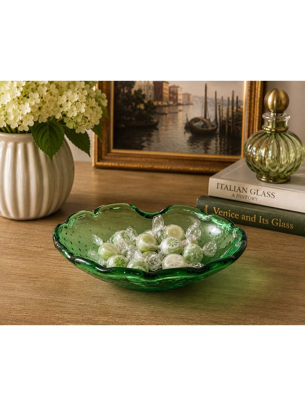 Vintage Green Controlled Bubble Art Glass Bowl Murano Style Scalloped Candy Dish